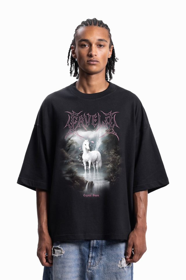 CRYSTAL DAWN DISTRESSED BLACK BOXY T-SHIRT