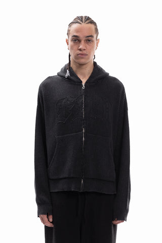 DISTRESSED KNIT CANVAS BLACK WASHED FRONTZIP