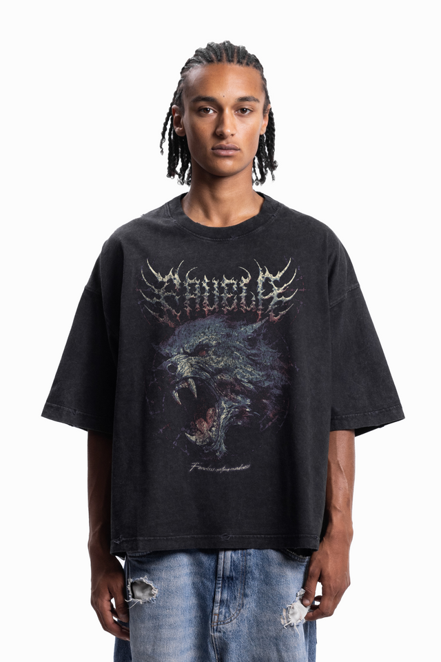 FEARLESS BOXY DISTRESSED BLACK WASHED T-SHIRT