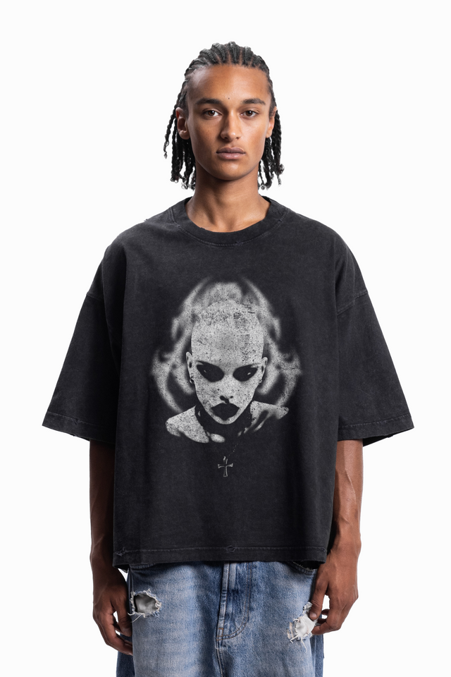 GOTH GIRL BOXY DISTRESSED BLACK WASHED T-SHIRT [SHIPPING STARTS END OF JUNE 2025]