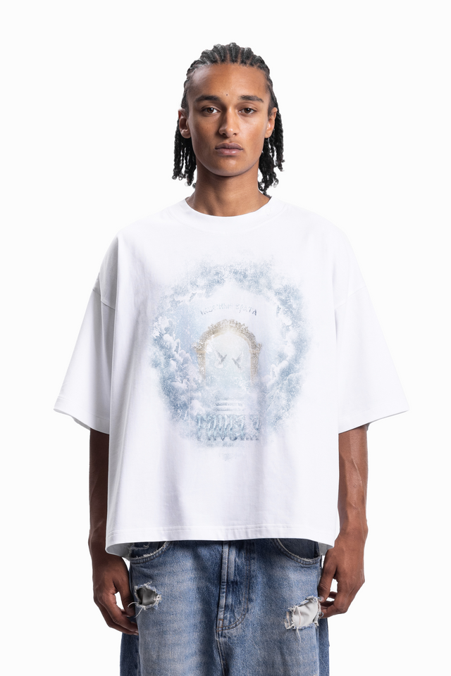 HEAVENS GATE BOXY WHITE T-SHIRT [SHIPPING STARTS BEGINNING OF JULY 2025]