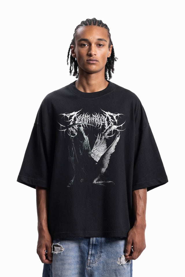 METAL GRIM DISTRESSED BLACK BOXY T-SHIRT