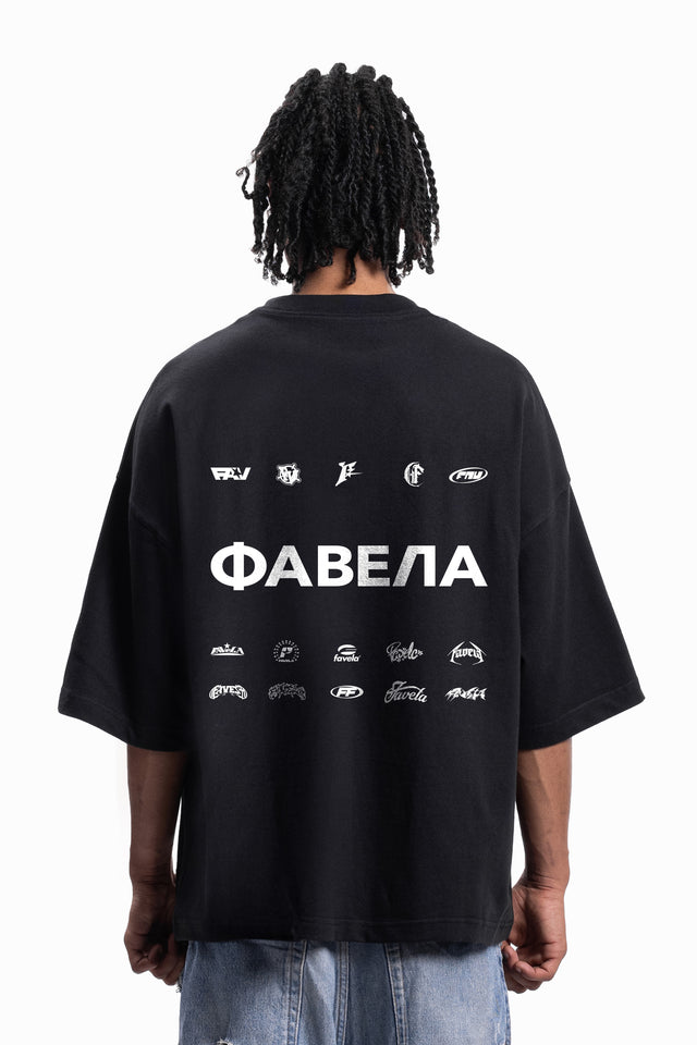 MULTILOGO CYRILLIC BLACK DISTRESSED T-SHIRT