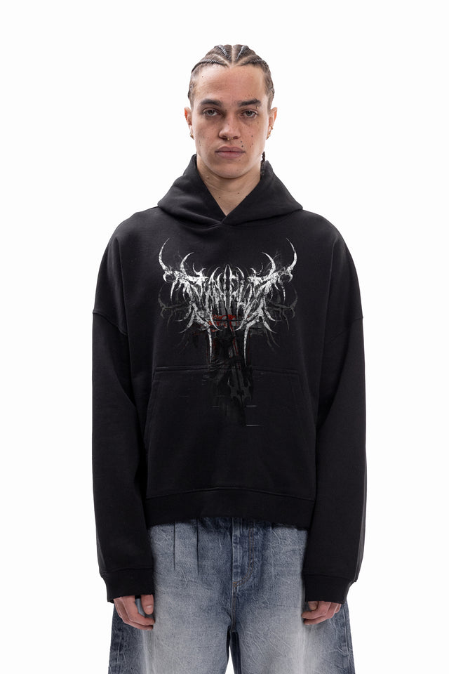 CROSS OF DEATH BLACK WASHED BOXY HOODIE