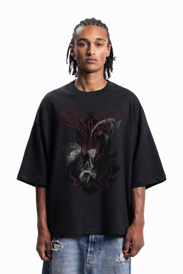 RED GRIM DISTRESSED BLACK BOXY T-SHIRT