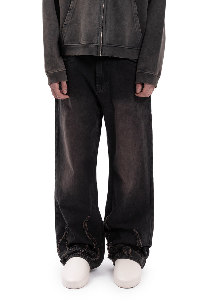 RIGID ABSTRACT PATCH FLARED BROWN WASHED DENIM