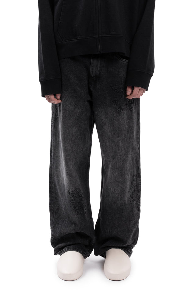 RIGID BLOSSOM EMBROIDERY BLACK WASHED DENIM