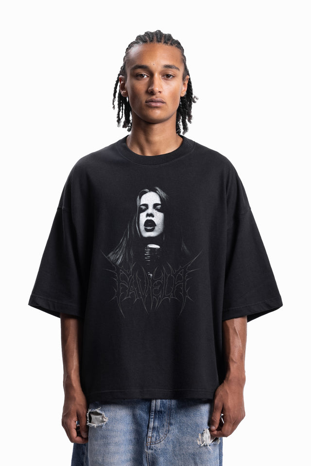 ROCKSTAR DISTRESSED BLACK BOXY T-SHIRT