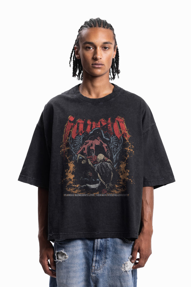 ROSE BLACK WASHED DISTRESSED T-SHIRT
