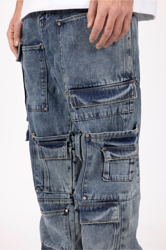 MULTIPOCKET ACID BLUE WASHED CARGO