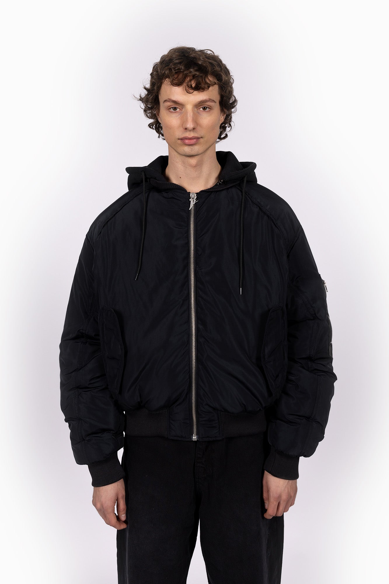 Black bomber jacket with hood on sale