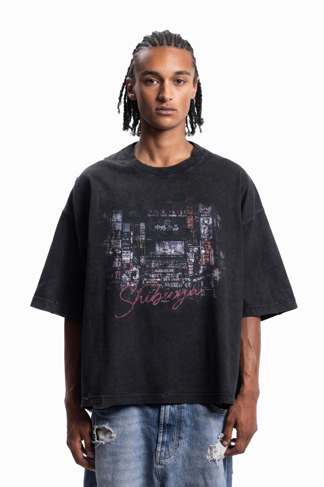 SHIBUYA BOXY DISTRESSED BLACK WASHED T-SHIRT