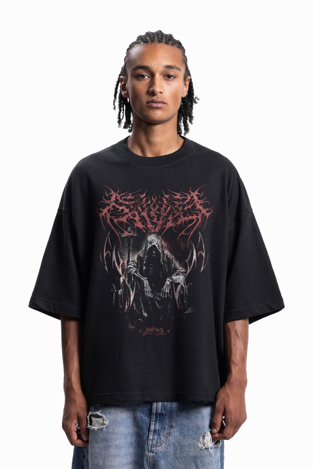 SORCERER DISTRESSED BLACK BOXY T-SHIRT