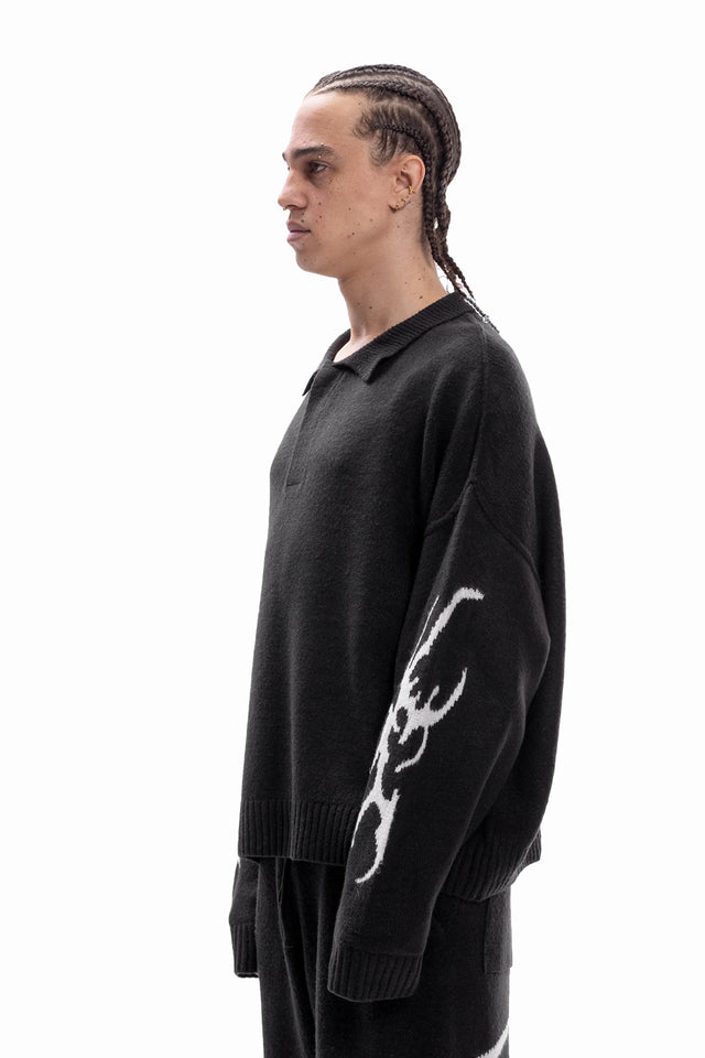 TRIBAL KNIT POLO SWEATER BLACK