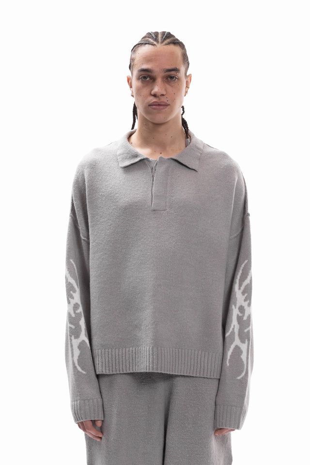 TRIBAL KNIT POLO SWEATER GREY