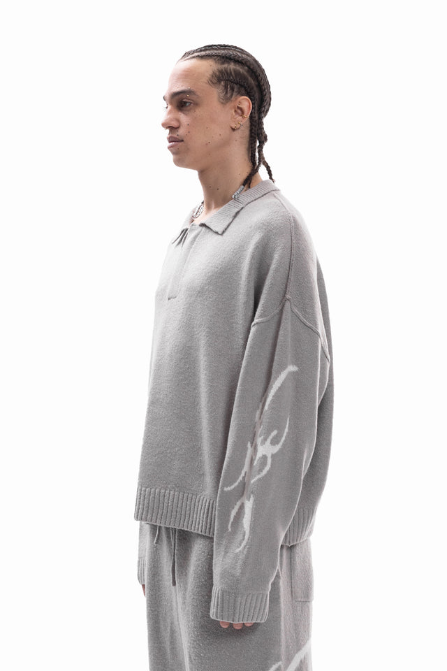 TRIBAL KNIT POLO SWEATER GREY