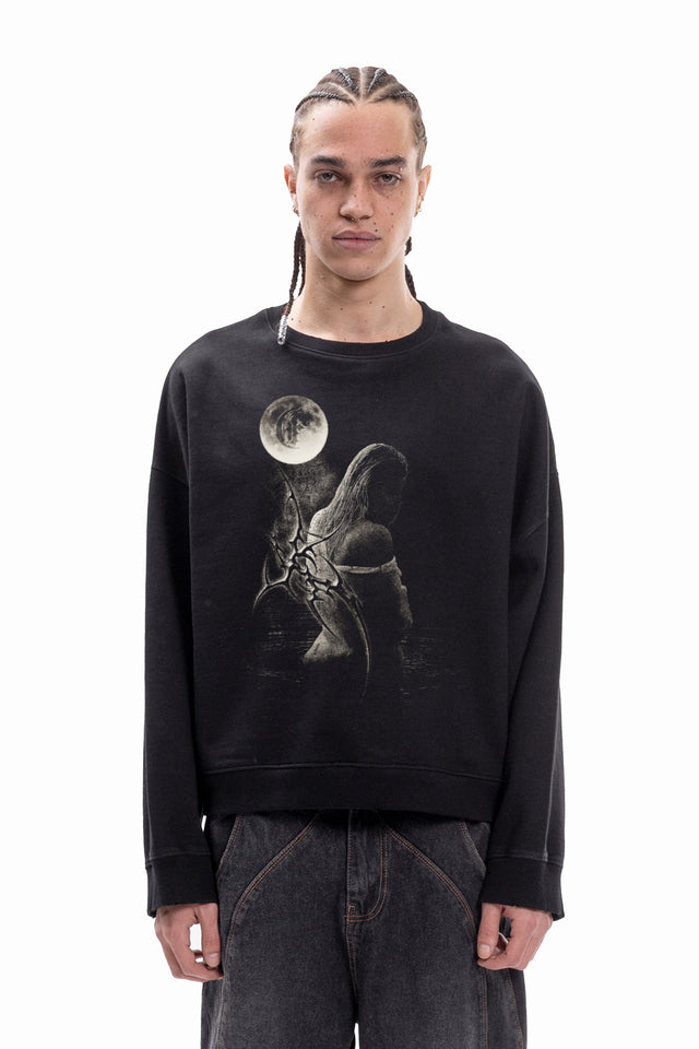 TRIBAL MOON GIRL BLACK BOXY CREWNECK