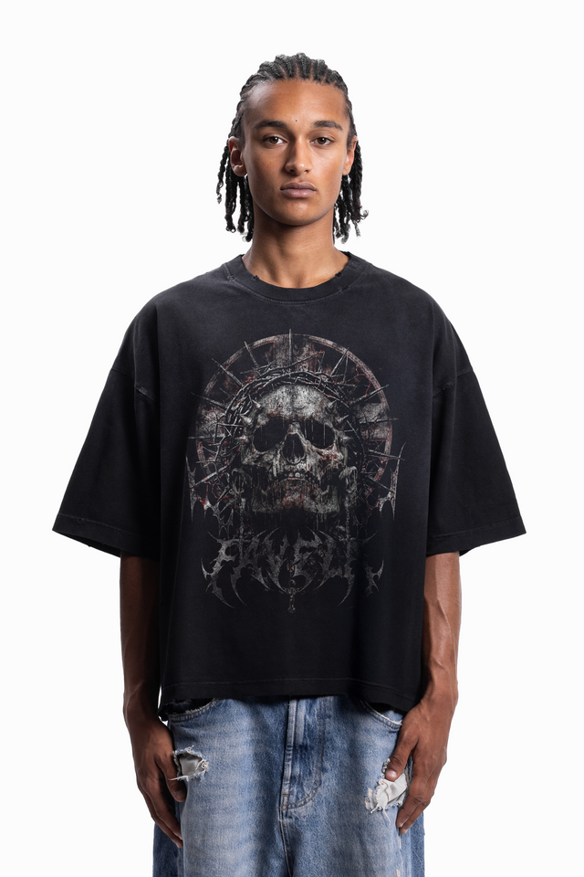 TRIBAL SKULL BOXY DISTRESSED BLACK SUN DRIED T-SHIRT