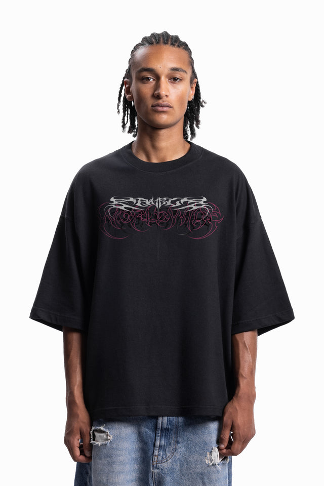 WORLDWIDE TRIBAL DISTRESSED BLACK BOXY T-SHIRT