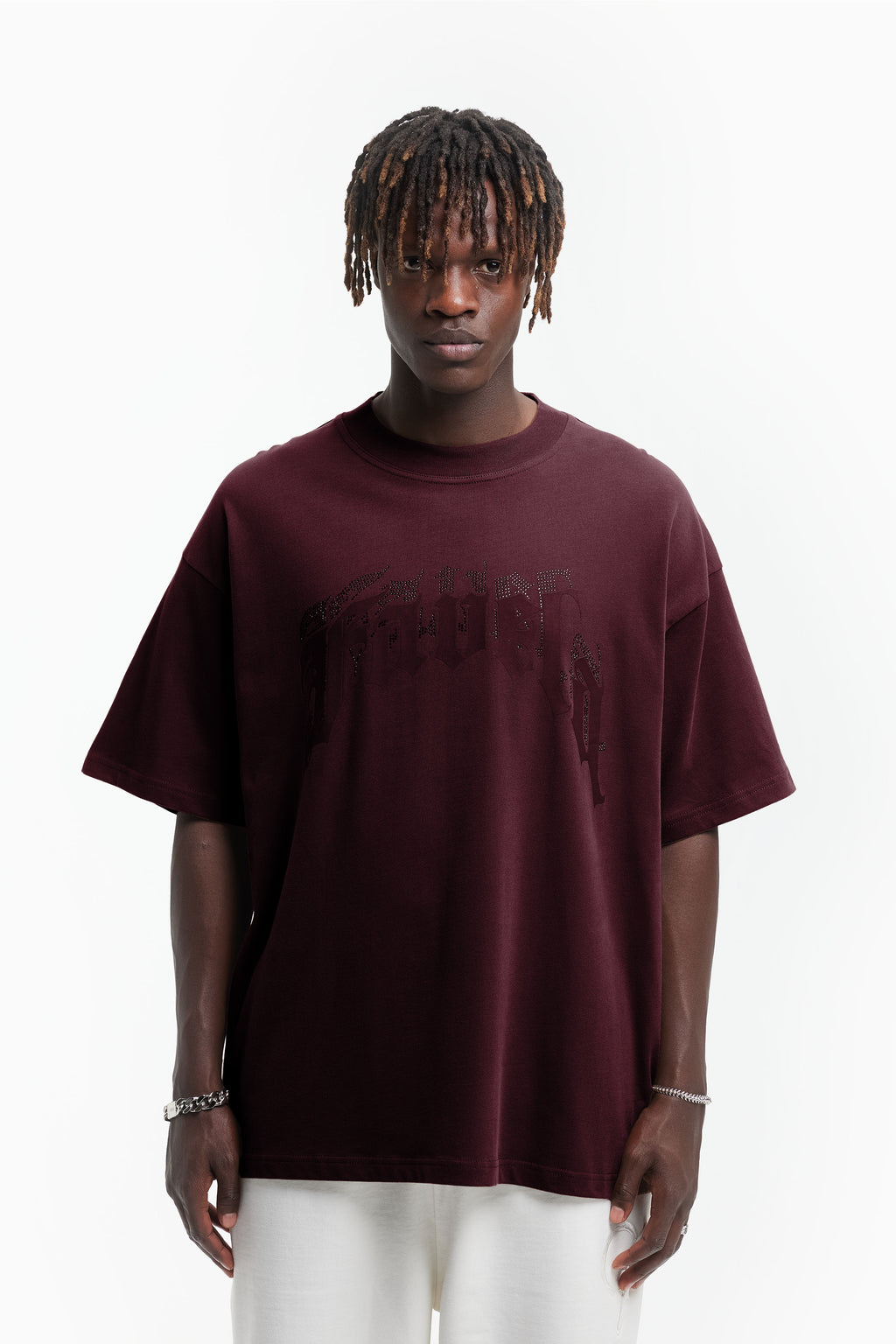 Metallic Knit Angel Sleeve T-Shirt | Burgundy