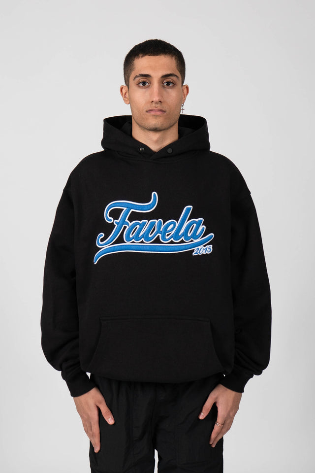 Black overzised Hoodie with Blue and White Favela Logo on the Front