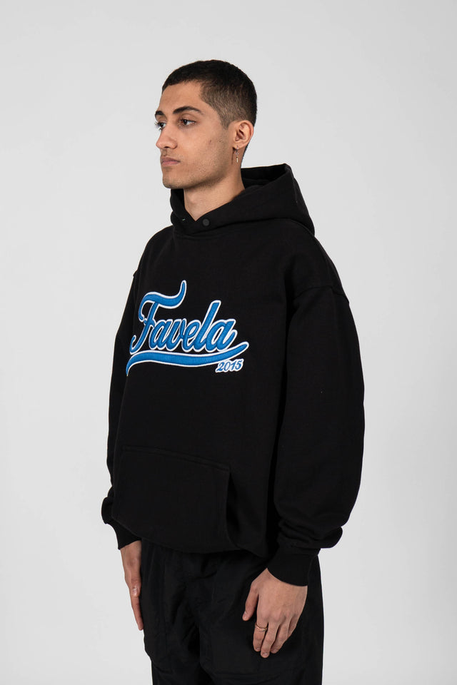 Black Overzised Hoodie with Blue and White Favela Logo on the Front - Side View