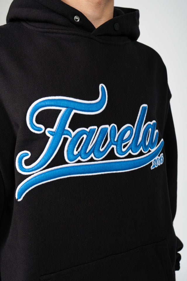 Blue and White Favela Logo on the Chest of a black overzised Hoodie