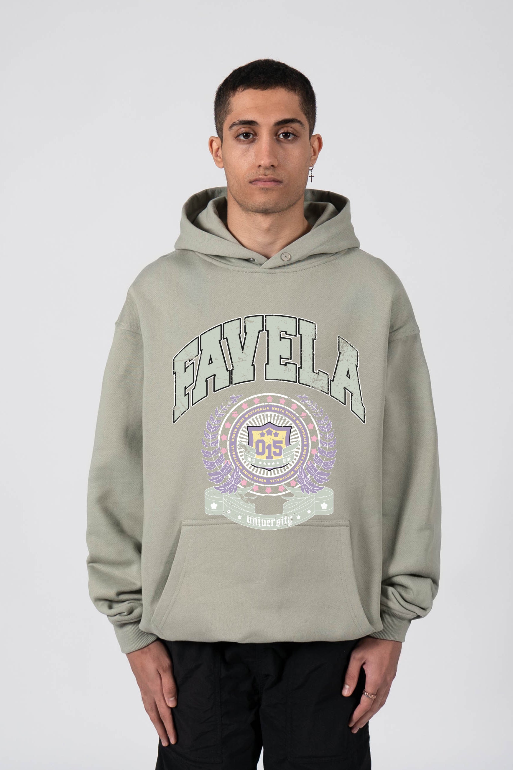FAVELA UNIVERSITY DRIED GREEN SNAP BUTTON HOODIE