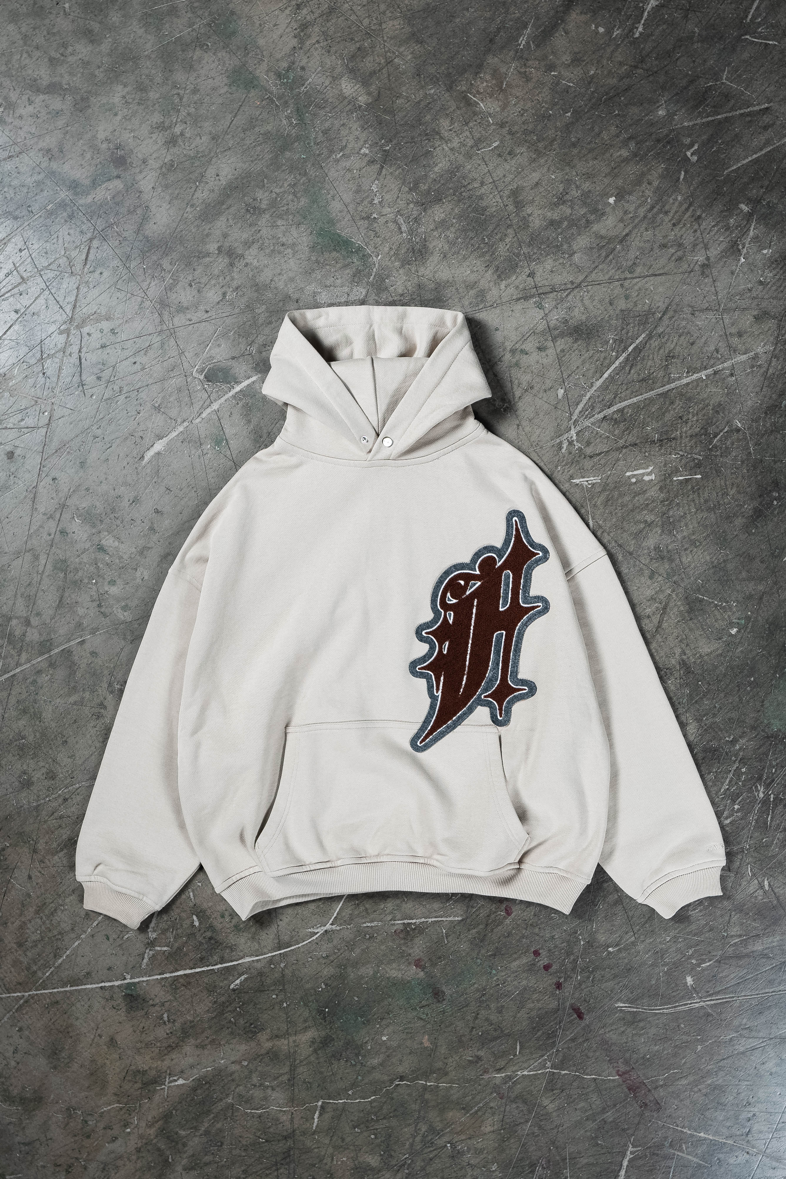 BIG F TAUPE SNAP BUTTON HOODIE