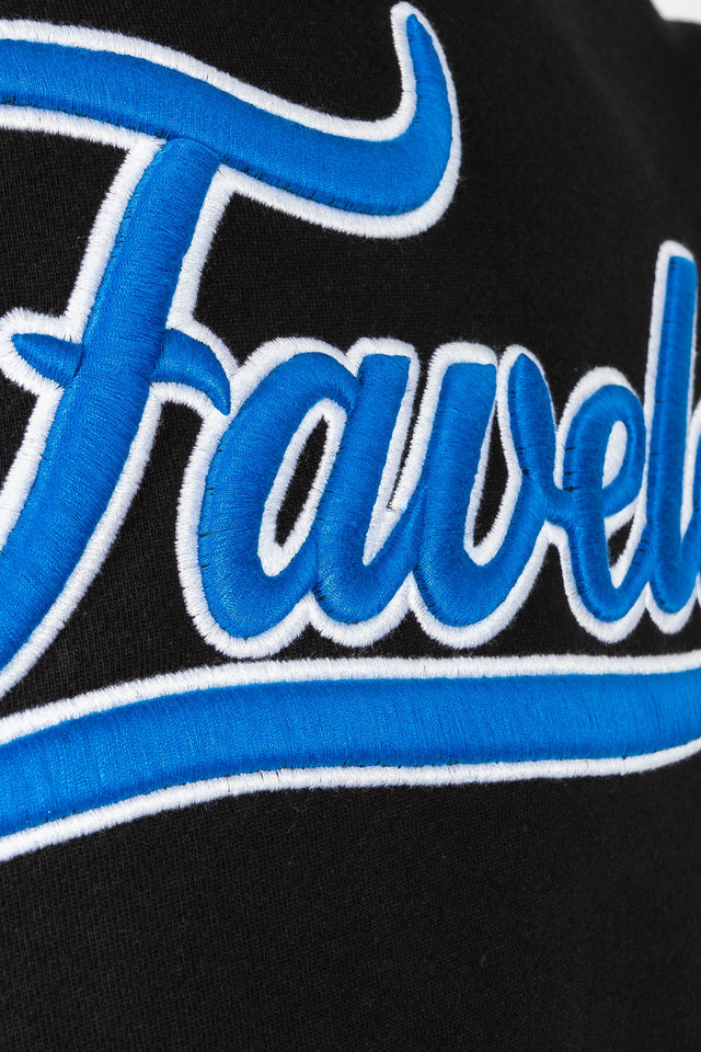 3D Blue and White Favela Logo on the Chest of an overzised Favela Hoodie