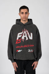 BURNING FIRE BLACK WASHED SNAP BUTTON HOODIE