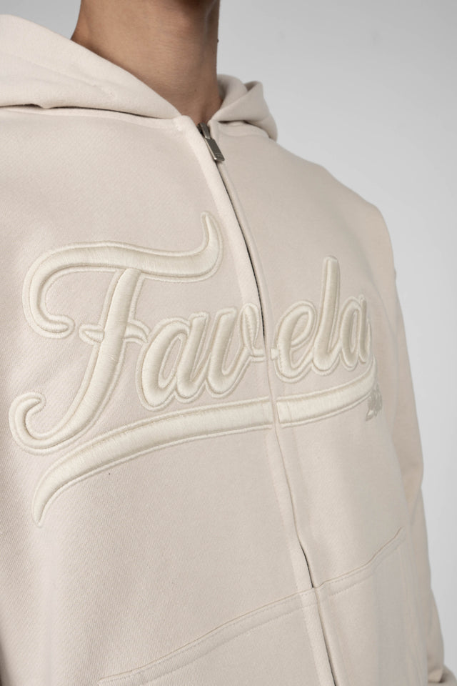 3D College Signature Logo on the Chest of an Oatmeal Coloured Frontzip Hoodie