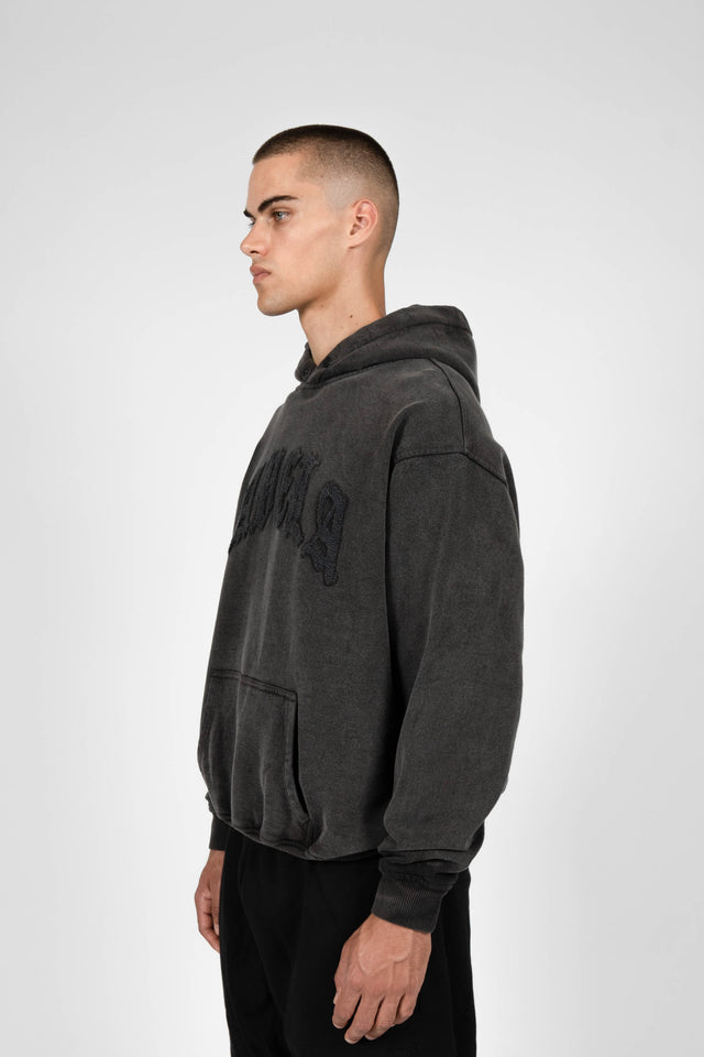 OLD ENGLISH BLACK WASHED SNAP BUTTON HOODIE