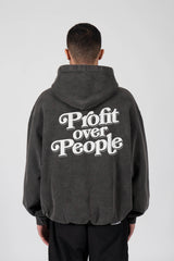 PROFIT OVER PEOPLE WHITE BLACK WASHED SNAP BUTTON HOODIE